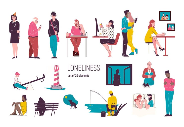 Free Vector loneliness flat set of men and women doing various activities alone isolated vector illustration
