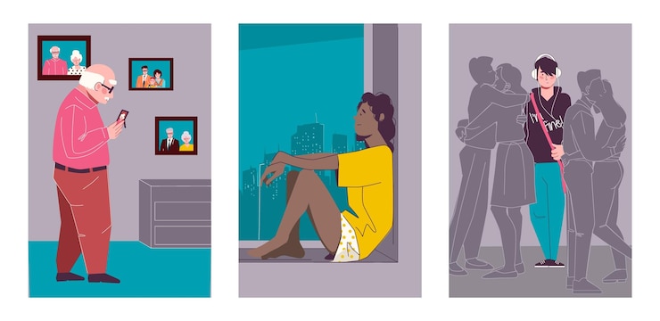 मुफ़्त वेक्टर loneliness flat set with sad woman looking out window lonely single teenager and senior man holding photo of deceased spouse isolated vector illustration