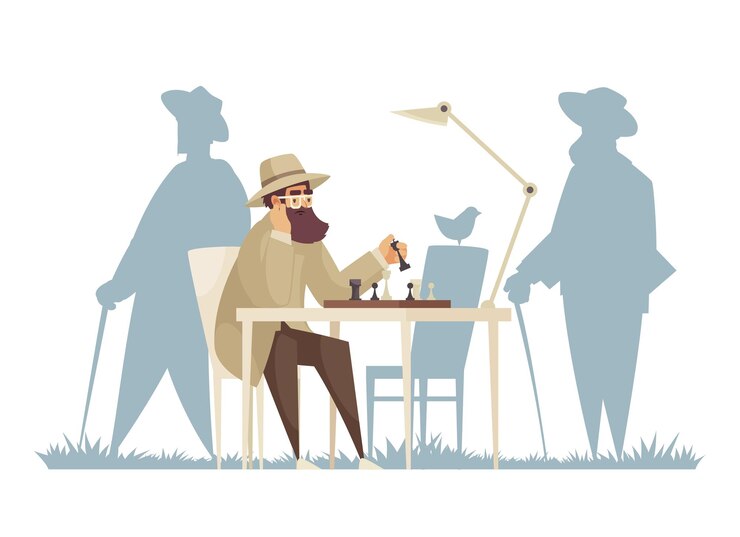 Free Vector lonely composition with character of old man sitting at chess table alone with silhouettes of people vector illustration