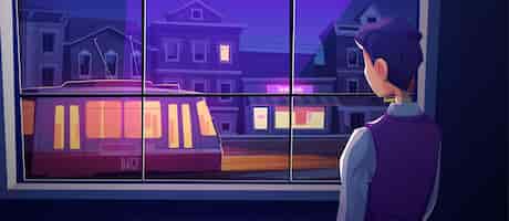 Бесплатное векторное изображение Одинокий мужчина стоит у окна и смотрит на ночную улицу со старинным поездом, едущим вдоль ретро-светящихся очков фасада дома мужской персонаж смотрит на улицу из домашней комнаты меланхолия мультфильм векторная иллюстрация