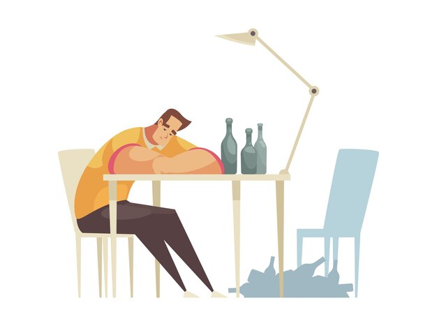 Lonely sad man drinking alcohol cartoon composition