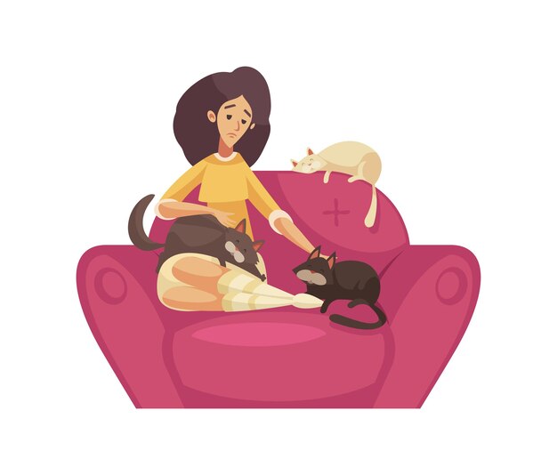 Lonely sad woman sitting in armchair with three cats cartoon vector illustration