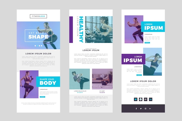 Free vector long fitness email template with photos and news