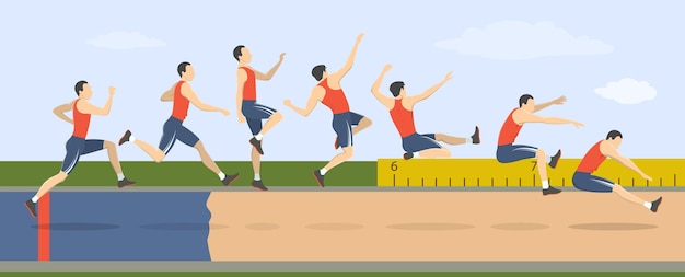 Vettore gratuito illustrazione del salto in lungo l'uomo mostra come eseguire il salto triplo