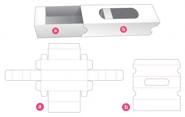 Long packaging with cover which is window die cut template