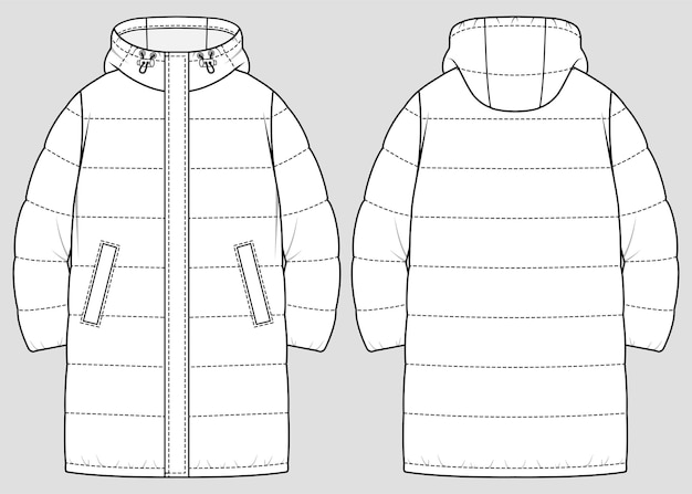 ロングキルティングダウンジャケット​。​パッド入り​の​暖かい​ジャケット​。​ベクトルテクニカルスケッチ​。​モックアップテンプレート​。