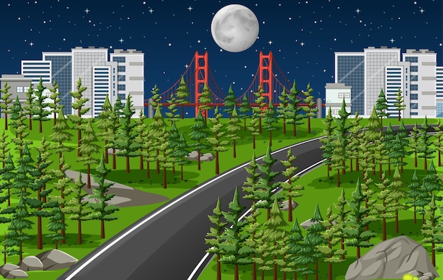 Free vector long road in nature landscape at night scene