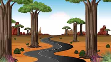 Free vector long road through the desert landscape scene at day time