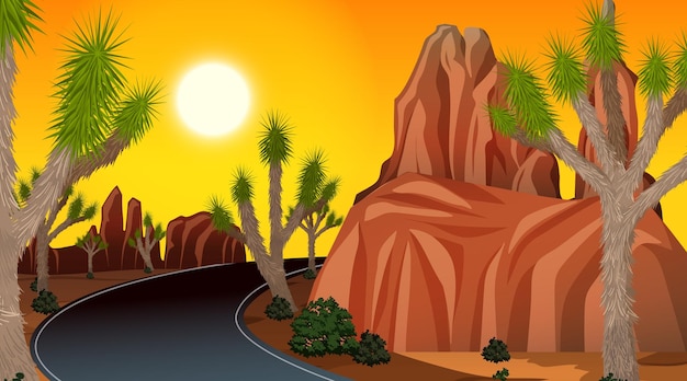 無料ベクター 日没時の砂漠の風景シーンを通る長い道のり