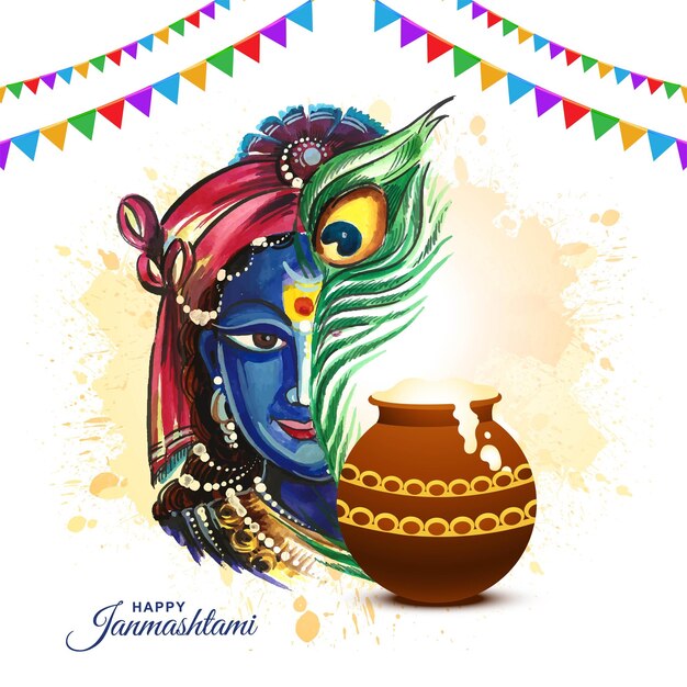 Lord Krishna dahi handi in happy janmashtami festival card background