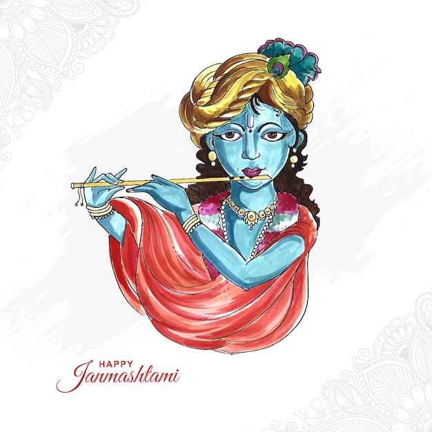 Vettore gratuito signore krishna dio indiano felice janmashtami festival carta vacanze sfondo