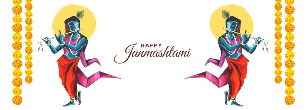 Vettore gratuito lord krishna giocando a bansuri felice janmashtami vacanza banner sfondo