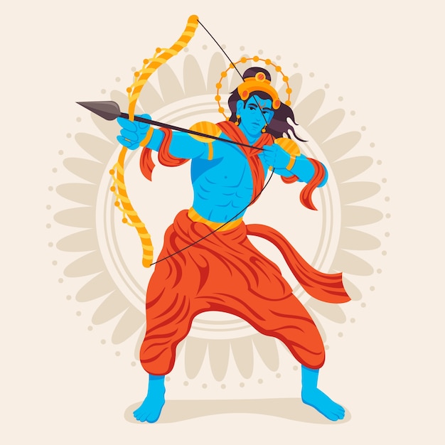 Free vector lord rama holding a golden bow flat design