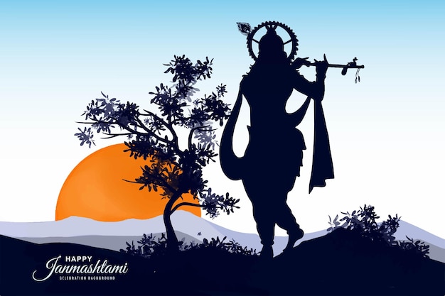 Free Vector lord shri krishana in happy janmashtami festival card background