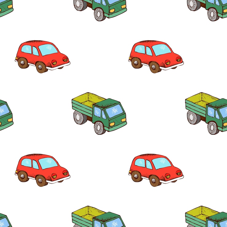 Free Vector lorry and car toy pattern seamless. background with cartoon transport, 