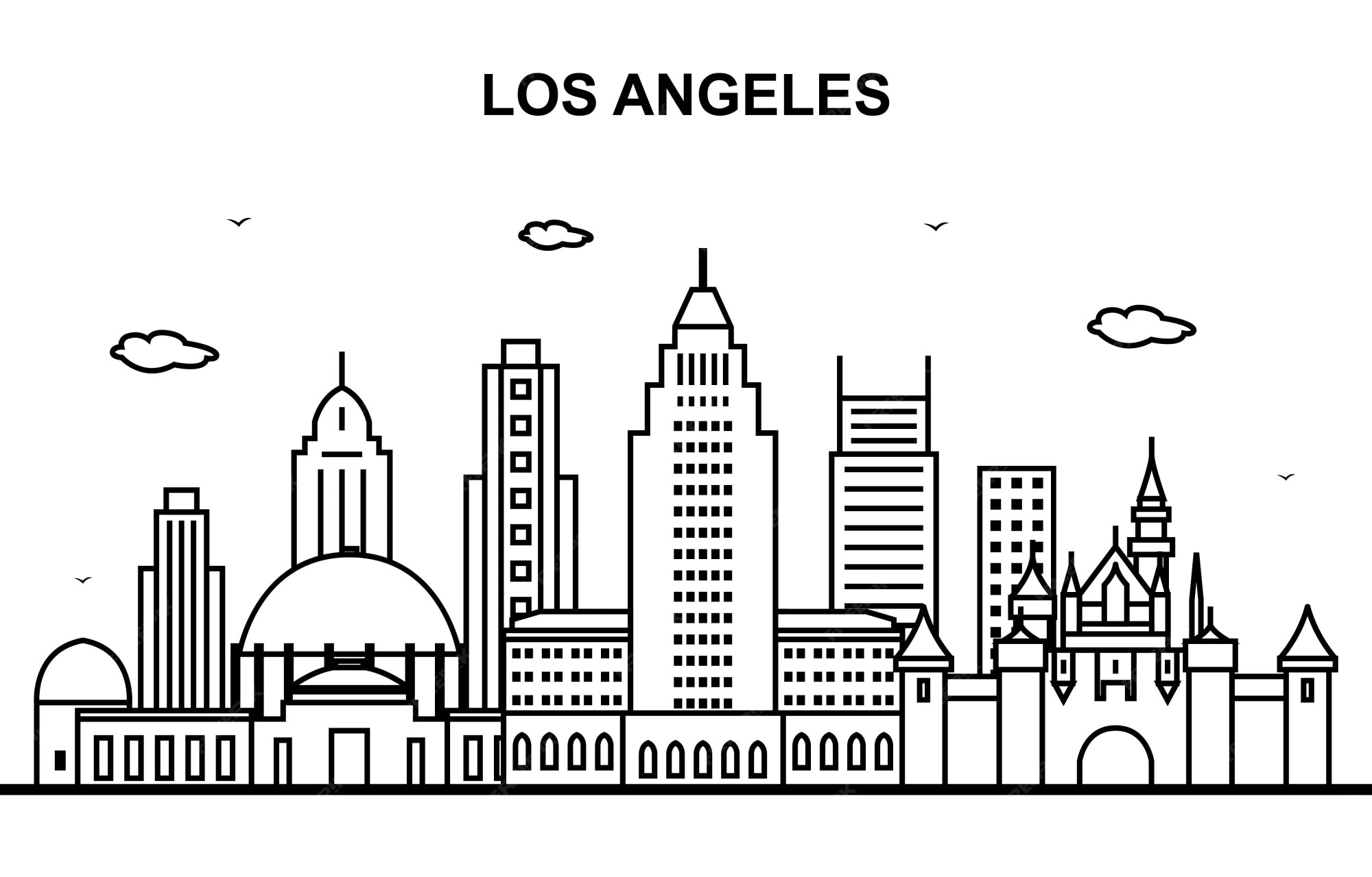 Los Angeles City Outline Premium Vector | Los Angeles City Tour Cityscape Skyline Line Outline