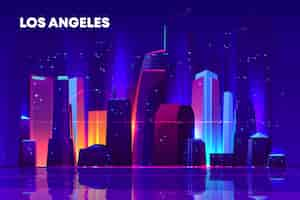 Vettore gratuito skyline di los angeles con illuminazione al neon.