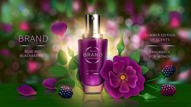 Lotion or summer perfume with wild berries, rose