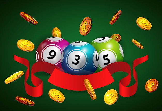 Free vector lottery balls, flying golden coins and red ribbon. gambling business advertising