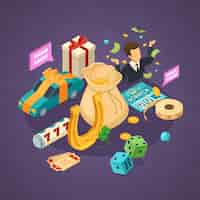 Free vector lottery isometric concept with luck symbols on violet