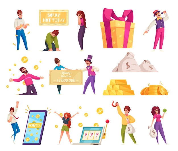 Free vector lottery winner cartoon icons set with people winning money prize isolated vector illustration