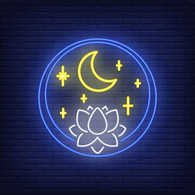 Vettore gratuito fiore di loto e luna nel segno al neon del cerchio. meditazione, spiritualità, yoga.