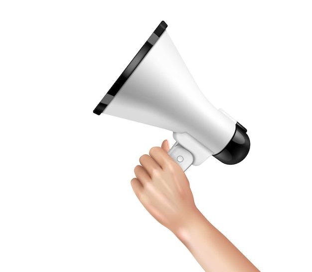 Free vector loudspeaker and megaphone in hand concept with attention symbols realistic illustration