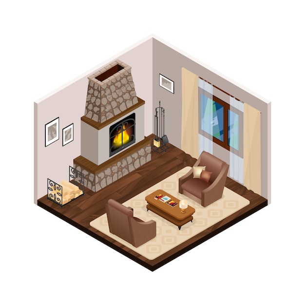 Free vector lounge isometric interior with fireplace