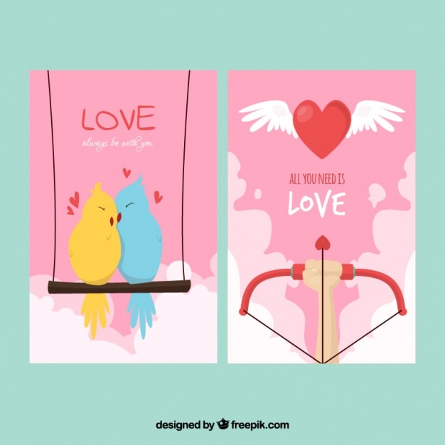無料ベクター 素敵な鳥やキューピッドの弓との愛カード