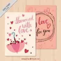 Free vector love cards with umbrella and hearts