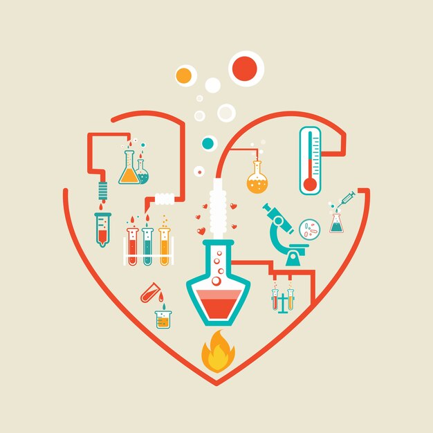 love chemistry infographics scheme vector illustration with flasks, test tubes and beakers