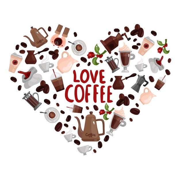 Концепция дизайна кофе любви с изображением сердца, состоящим из различных устройств для заваривания