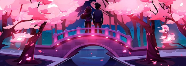 Love couple on bridge in night park with sakura