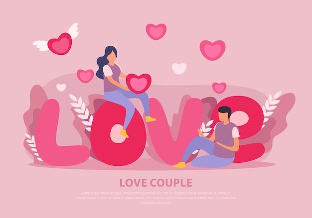 Free vector love couple flat with big pink headline