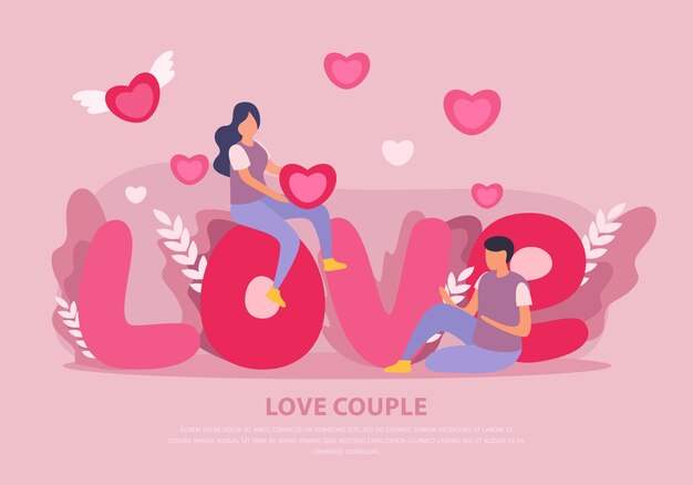 love couple flat with big pink headline