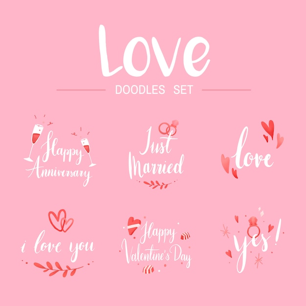 Love doodle set typography vectors