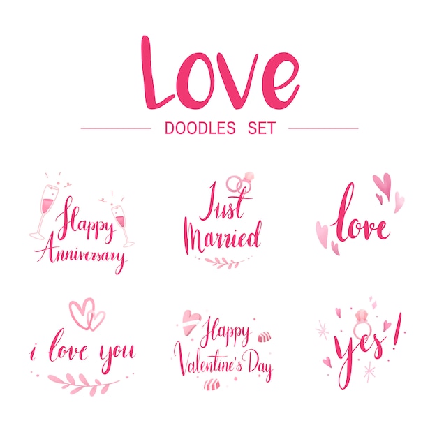 Free vector love doodle set typography vectors