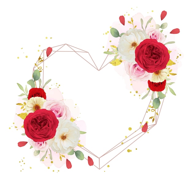 Любовный цветочный венок с акварельными розовыми белыми и красными розами