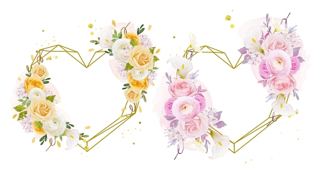 Vettore gratuito corona floreale d'amore con giglio rosa acquerello e fiore di ranuncolo
