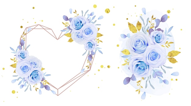 Vettore gratuito ghirlanda di fiori d'amore e bouquet di rose blu acquerellate