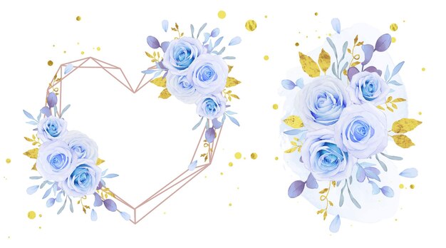 사랑 꽃 화환과 수채화 파란 장미 꽃다발