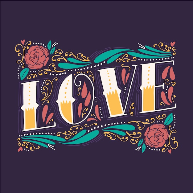 Free vector love lettering in vintage style with flowers