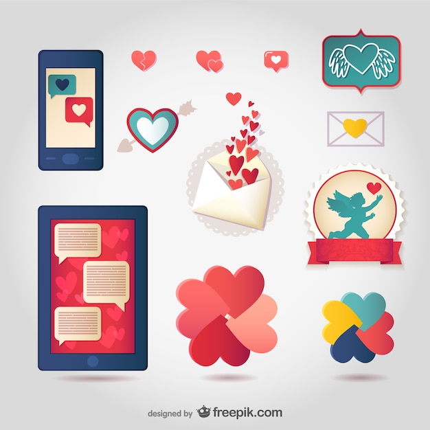 Free vector love message collection wih letters, cupids and mobile phones