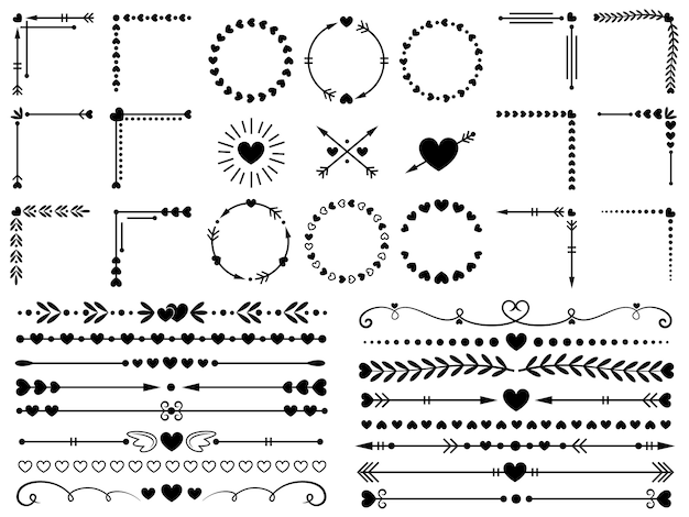 Love ornaments. wedding hearts ornamental, decorative heart border and inlove frame  ornament  elements set