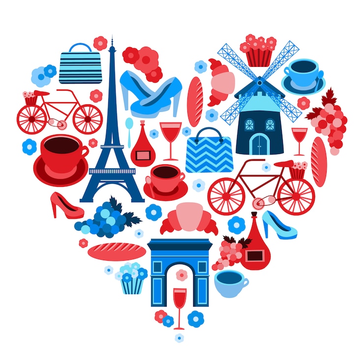 Free Vector love paris heart symbol with icons set isolated 