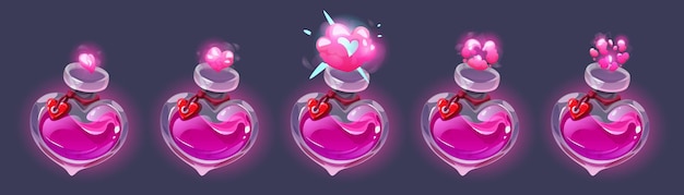 Free vector love potion bottle animation sprite sheet isolated on background vector cartoon illustration set of open heart shape glass flask with label puff cloud effect of magic elixir alchemy lab assets