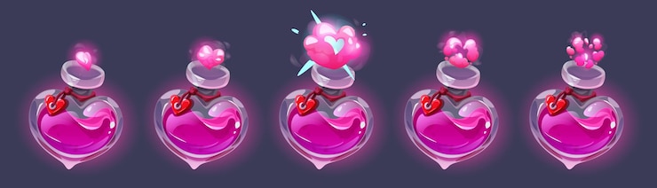 Free Vector love potion bottle animation sprite sheet isolated on background vector cartoon illustration set of open heart shape glass flask with label puff cloud effect of magic elixir alchemy lab assets