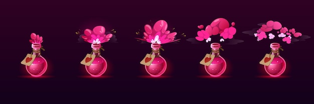 Бесплатное векторное изображение Бутылка любовного зелья с набором анимации слоеного облака
