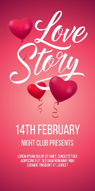 Love story lettering with heart shaped balloons