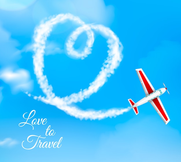 Love to travel heart shaped airplane condensation trail on blue sky